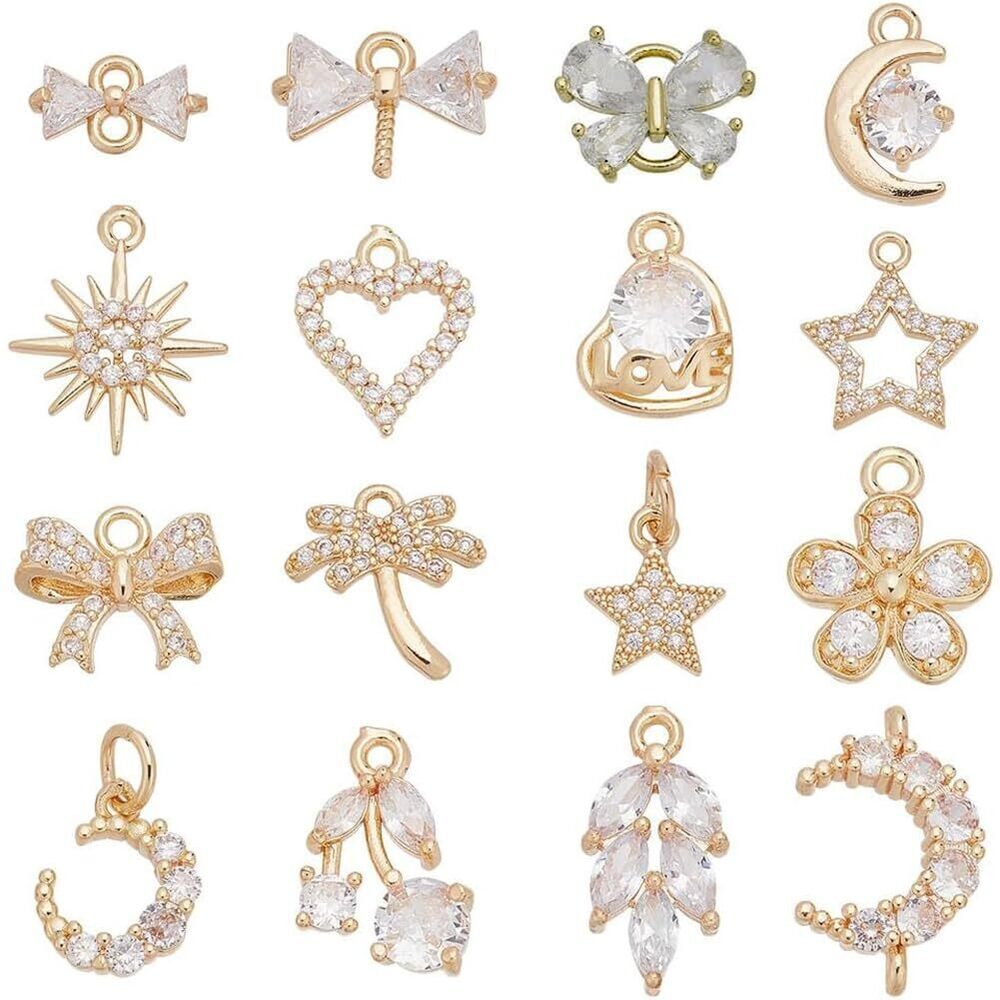 7228 16 Pcs 14K Gold Plated Pendant, 16 Styles Moon Flower Star Bowknot